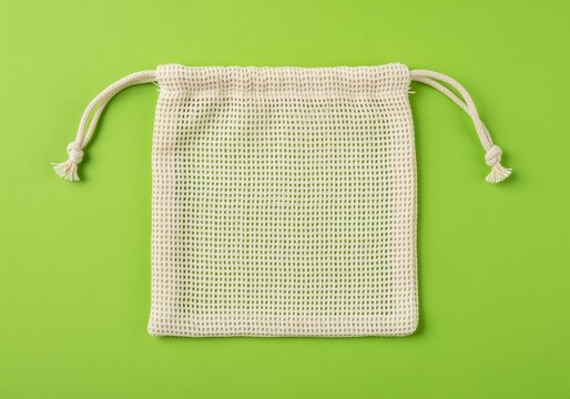 Pristine natural cotton mesh drawstring bag for zero waste shopping on green - Powered by Adobe