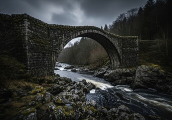 Rugged ancient stone arch bridge crossing a dark river in a moody landscape.