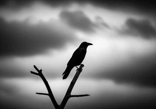 Powerful black and white silhouette of a solitary crow on a dead tree under dark clouds