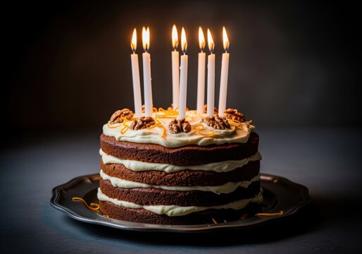 Rustic multi layered chocolate cake topped with walnuts and seven burning candles
