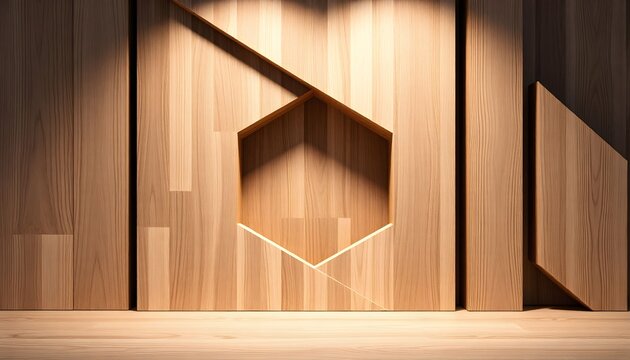 Interior wooden wall design featuring geometric shapes and a hexagonal cutout, illuminated by spotlights. - Powered by Adobe