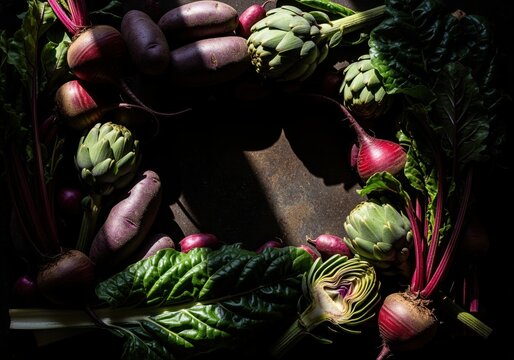 Dramatic overhead flat lay of fresh organic vegetables including artichokes and beets