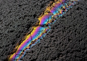 Obraz premium Iridescent rainbow oil slick streak on rough porous black volcanic basalt texture