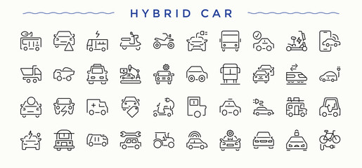 Hybrid Car linear icon collection. Vehicle icon set. Perfect for logos and infographic. Contains such symbols as hybrid, car, taxi, transport, cars, automobile and more. Editable stroke.