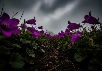 Deep magenta bellflowers dramatically framed against a brooding stormy gray sky
