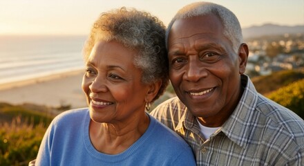 Sunset with mature people - Portrait of smiling African American couple outdoors, ocean view, retirement lifestyle
