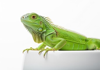 Fototapeta premium Close up portrait of a vibrant green iguana lizard on a white studio surface