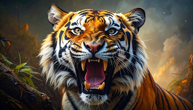 A close-up of a roaring tiger, its orange and black stripes prominent against a blurred jungle background