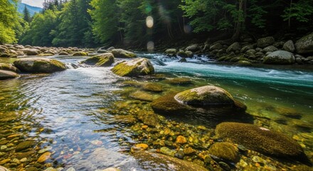 Serene river flowing through lush greenery, a natural spectacle of tranquility and beauty riverbed