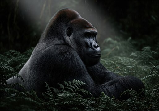 Powerful silverback gorilla resting in a dark jungle environment with dramatic low key lighting