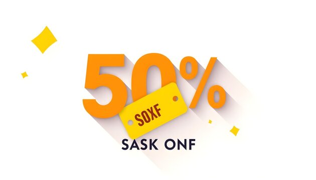 Graphic of a 50% discount offer with a yellow tag, text "SOXF", and "SASK ONF" below, all against a white background.