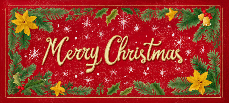 Vibrant Red Christmas Background with Merry Christmas Text and Festive Pine Leaf Border in HD Oil Painting Style Design.