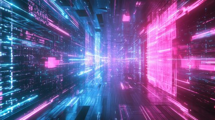 Fototapeta premium Digital data flowing through futuristic neon tunnel
