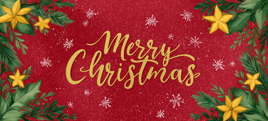 Vibrant Red Christmas Background with Merry Christmas Text and Festive Pine Leaf Border in HD Oil Painting Style Design.