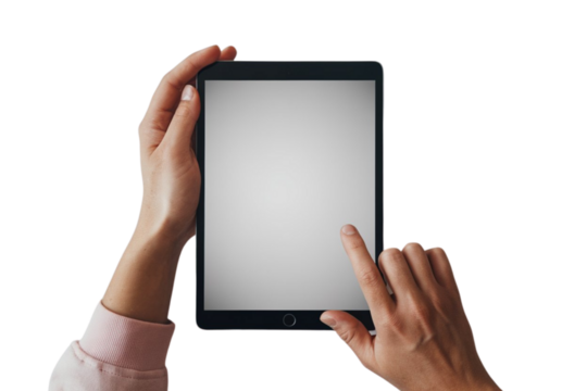 Hands holding tablet with blank screen, perfect for app mockups or digital marketing campaigns today