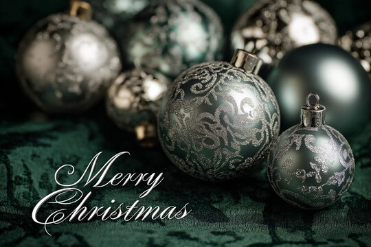 Elegant silver Christmas ornaments shimmer against a rich green background, with &ldquo;Merry Christmas&rdquo; in matching silver font creating a luxurious festive mood.