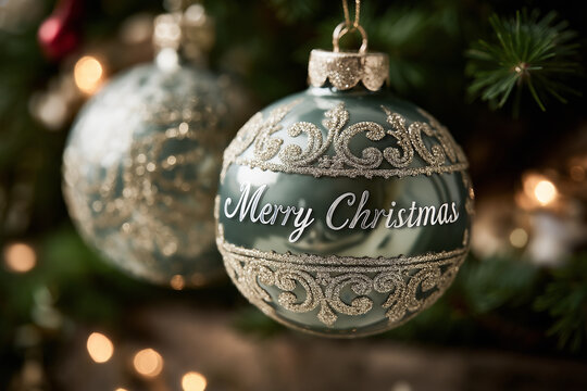 Elegant silver Christmas ornaments shimmer against a rich green background, with &ldquo;Merry Christmas&rdquo; in matching silver font creating a luxurious festive mood.