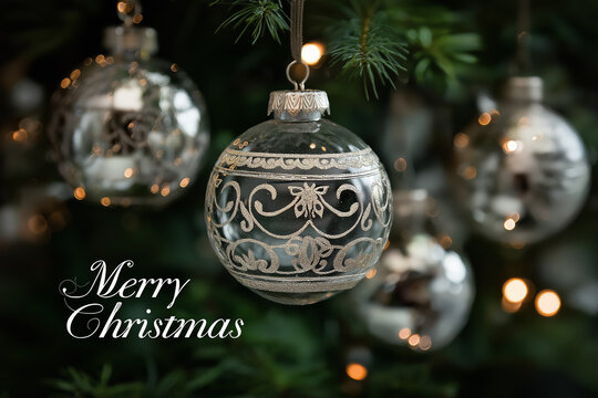 Elegant silver Christmas ornaments shimmer against a rich green background, with &ldquo;Merry Christmas&rdquo; in matching silver font creating a luxurious festive mood.