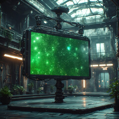 Futuristic digital display beaming vibrant green abstract content, illuminating a decaying industrial urban landscape with advanced information and visual data