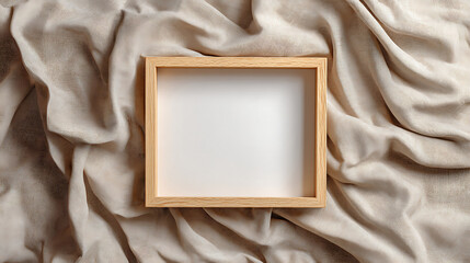 Empty wooden picture frame mockup on a soft beige fabric background