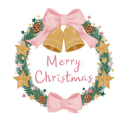 Pastel pink Christmas wreath clip art featuring gold bells, pink bow, pine cones and stars, perfect festive sticker design with &ldquo;Merry Christmas&rdquo; text.
