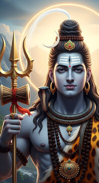 Detailed Vertical Portrait of Lord Shiva with Golden Trident and Mountain View