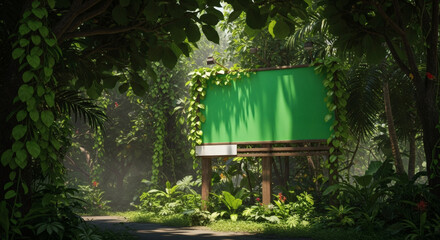Vibrant Tropical Forest Framing a Green Screen Signboard, Offering a Dynamic Canvas for Custom Messages