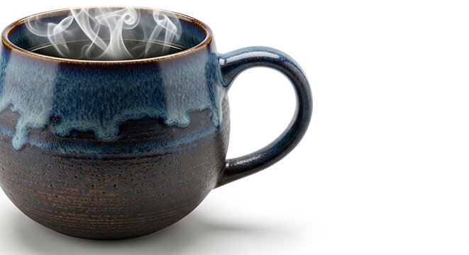 Steaming hot coffee in a rustic ceramic mug on a white background