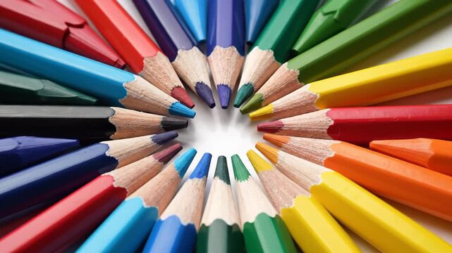 Colorful pencils arranged in circular pattern on white background