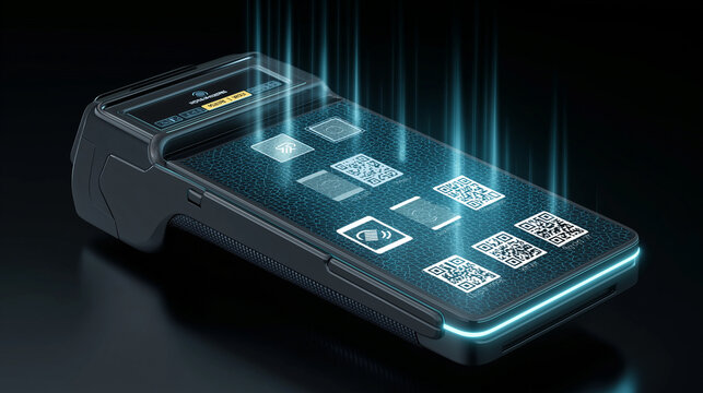 Holographic touchscreen payment terminal displaying QR codes, NFC icons, and glowing digital transaction lines.