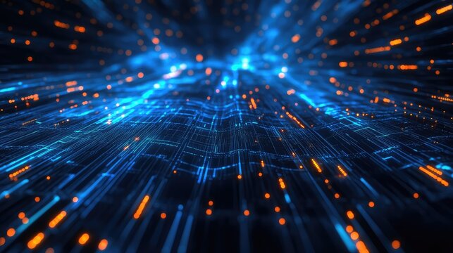 Digital data network moving through futuristic circuit board