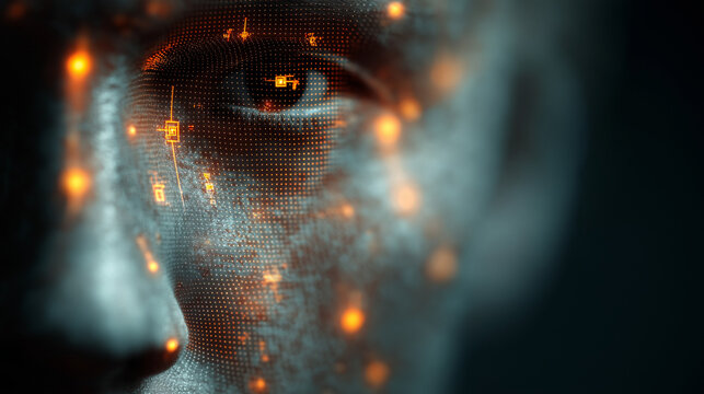 Human face scanned by a holographic grid with glowing biometric detection points and digital identity markers.