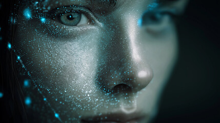 Human face scanned by a holographic grid with glowing biometric detection points and digital identity markers.