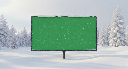 Blank green screen billboard template set in a picturesque winter forest with falling snow, perfect for seasonal advertisements and promotional content