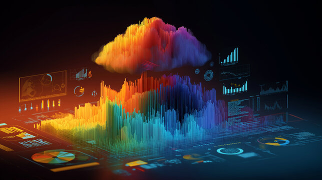 Massive colorful data streams flowing into a 3D holographic cloud surrounded by analytics icons.