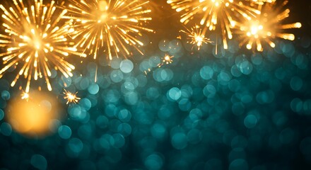 Golden fireworks burst over teal bokeh orange blue