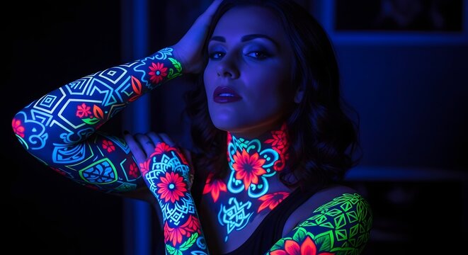 Woman with Glowing Neon Tattoos Under Blacklight
