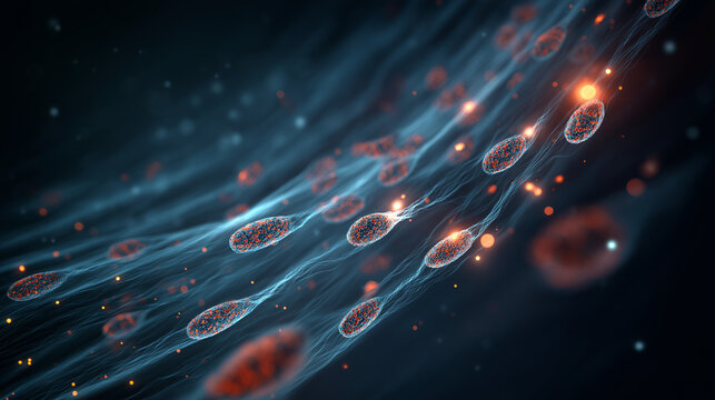 Microscopic nanorobots traveling inside a glowing digital bloodstream repairing damaged cells. - Powered by Adobe