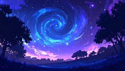 Abstract interpretation of a starry night sky, swirling galaxy patterns, glowing particles, vibrant gradients of blue and violet And a peaceful place with trees.