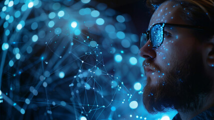 Network visualization projected on thoughtful man face expressing futuristic focus