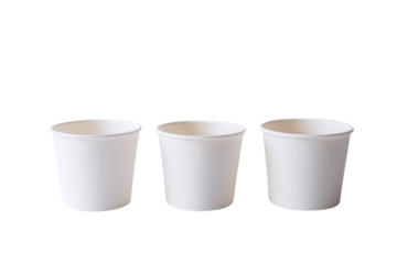 Three clean white paper cups for catering, takeout, or food service ready for your design and branding elements