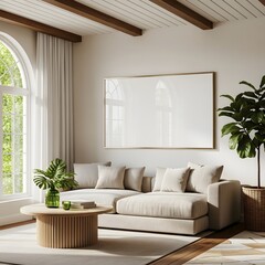 Naklejka premium A light-filled living room designed with modern aesthetic, featuring large blank poster, a contemporary design and a hint of nature.