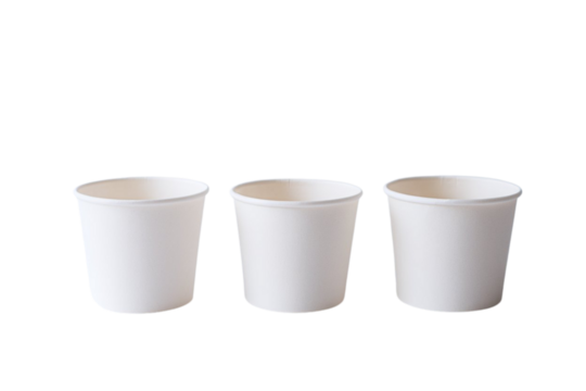 Three clean white paper cups for catering, takeout, or food service ready for your design and branding elements