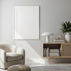 A minimalistic living room design. Featuring an empty frame, and a touch of contemporary design, this image showcases a simple, clean aesthetic with neutral tones. 
