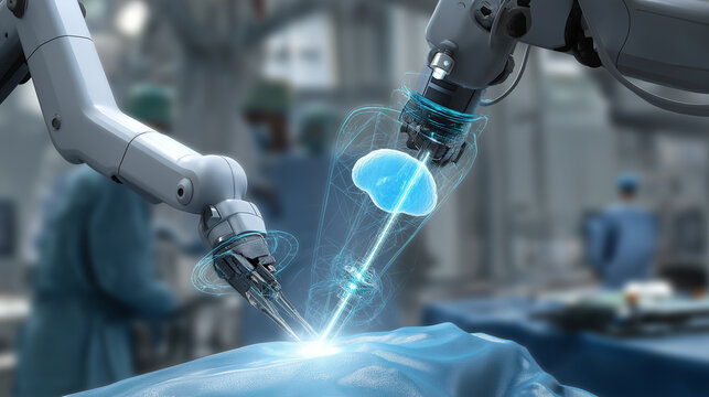 Robotic surgical arm performing precision operations with AI imaging and holographic guidance overlays.