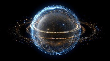 Rotating quantum sphere made of glowing particles forming cryptographic locks and energy rings.