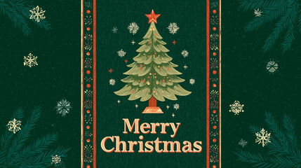 Vibrant 1990s-style vertical garden flag featuring a central Christmas tree, snowflakes, and bold “Merry Christmas” text in festive 8K illustration.