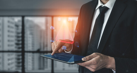 Cybersecurity threat alert protects data. Cyber security threat alert prevents access, alert warns...