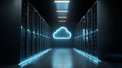 Rows of futuristic servers emitting blue data streams with a floating holographic cloud icon inside a modern data center.