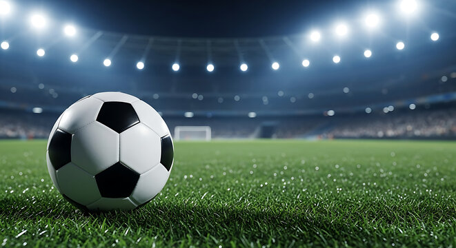 Soccer ball on a green field in a brightly lit stadium at night